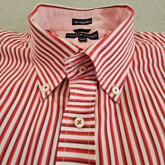 Tommy Hilfiger Shirt Men's XXL Red White Stripe LS Button-Down Vintage EUC LN - Picture 5 of 16
